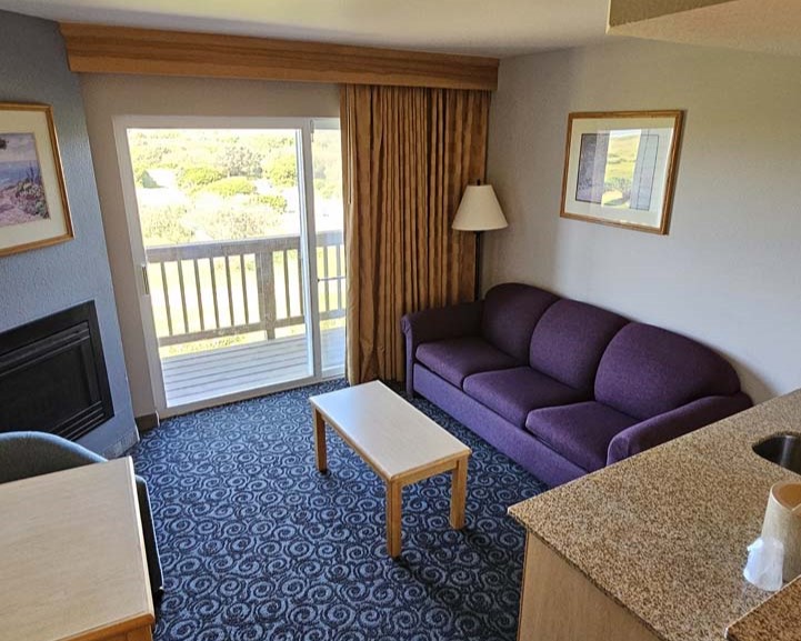 Sofa, tv, table and view of balcony