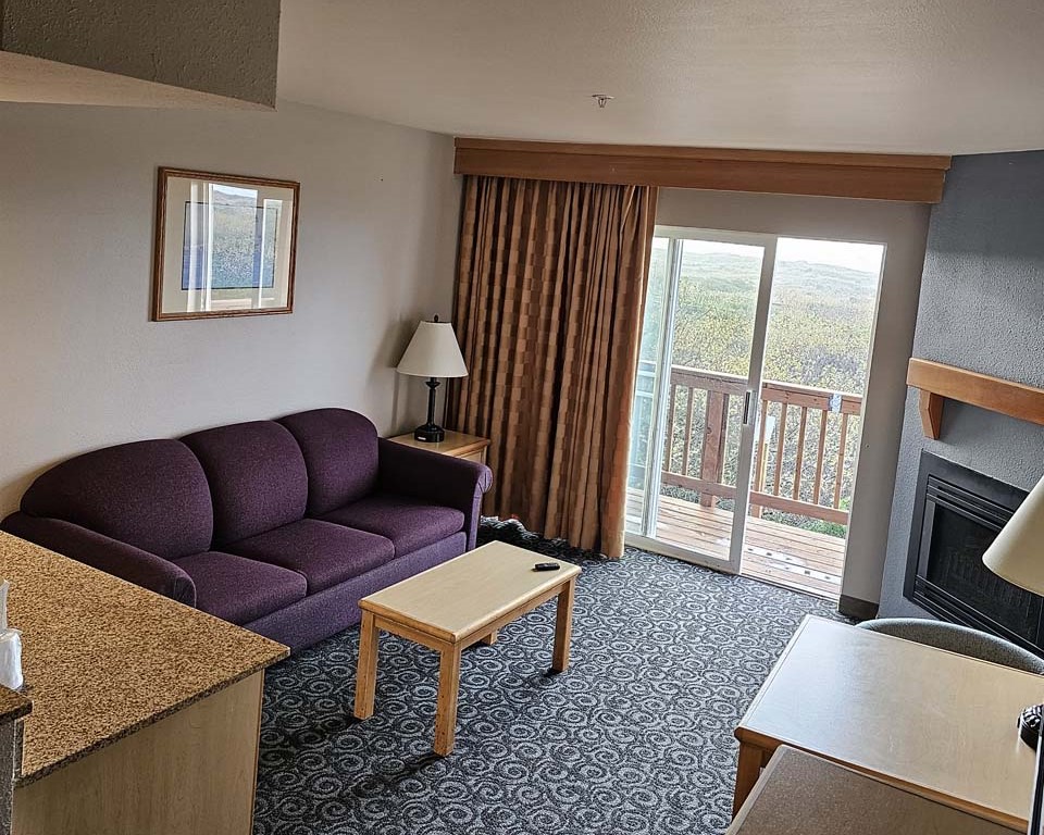 TV, couch, table and view of bedroom