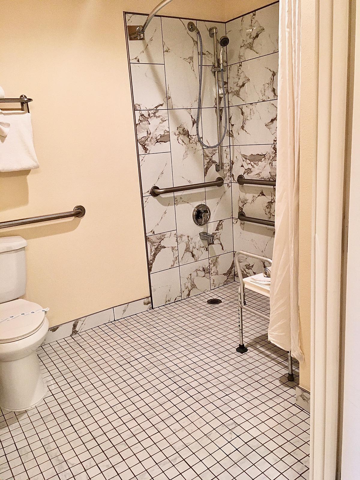 Accessible shower with grab bars and seat