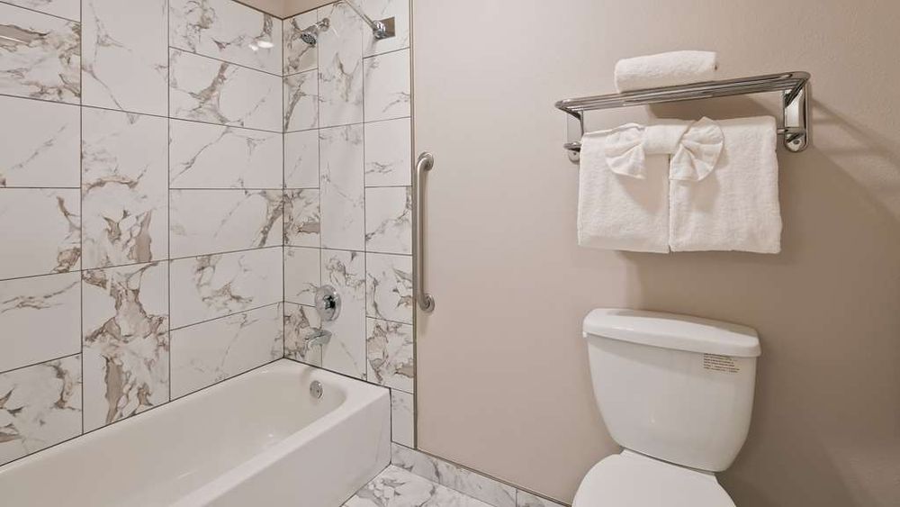 Bathtub, toilet, and towel rack